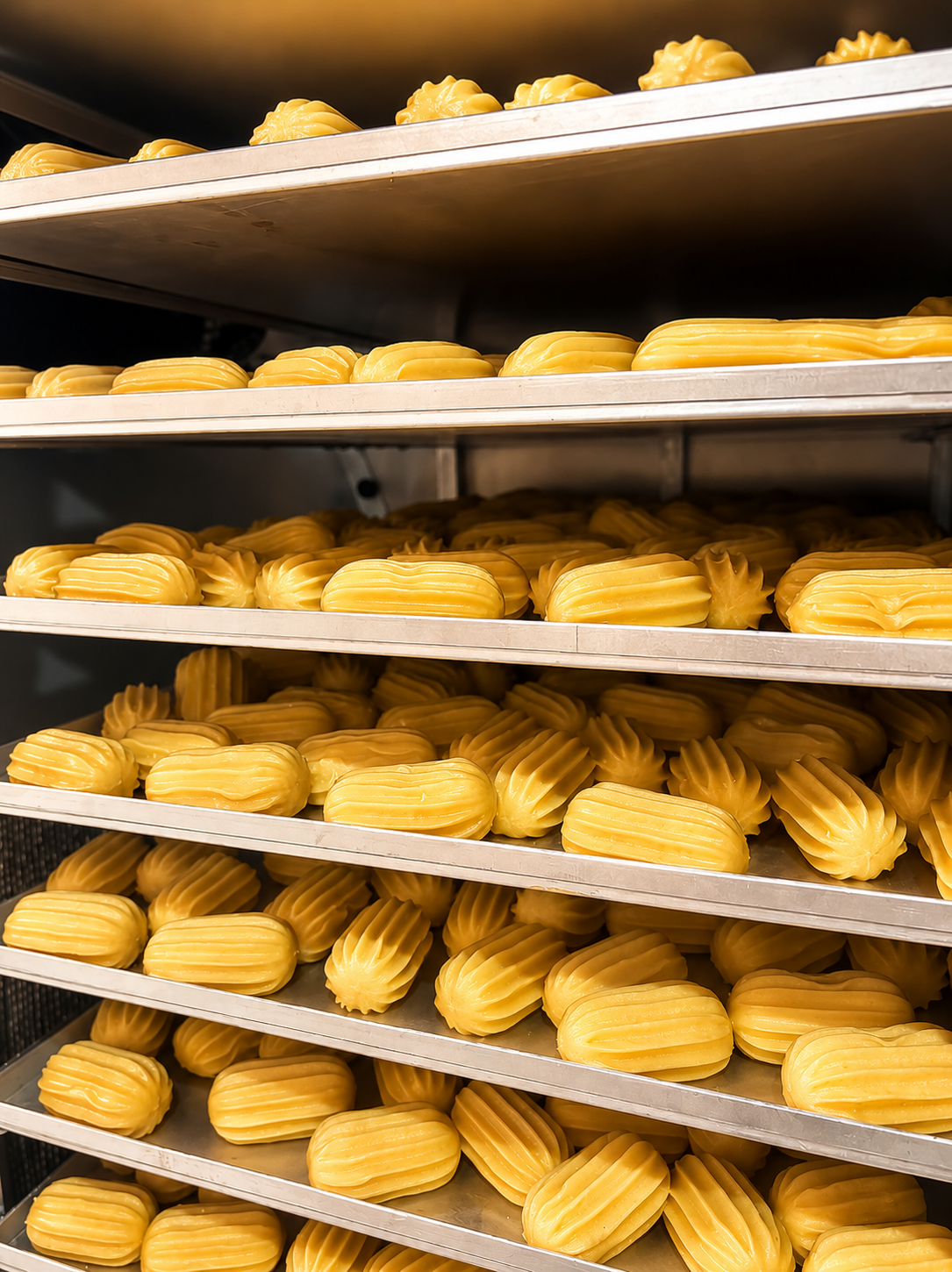 Churros organizados nas prateleiras do equipamento de produção